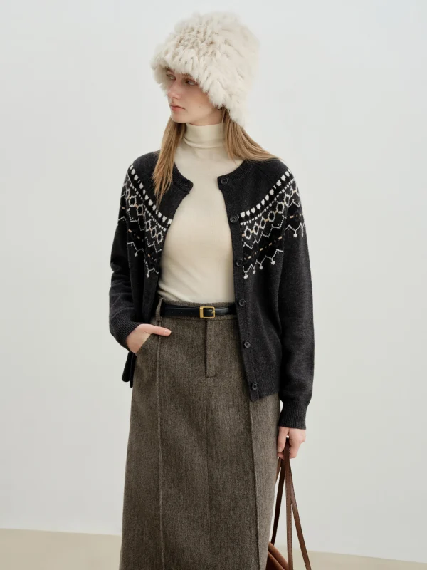 ZIQIAO 2025 Inverno Inizio autunno Nuovo arrivo Fair Isle Cardigan aperto lavorato a maglia Petite donna Maglieria di lana chic e di ispirazione vintage 2