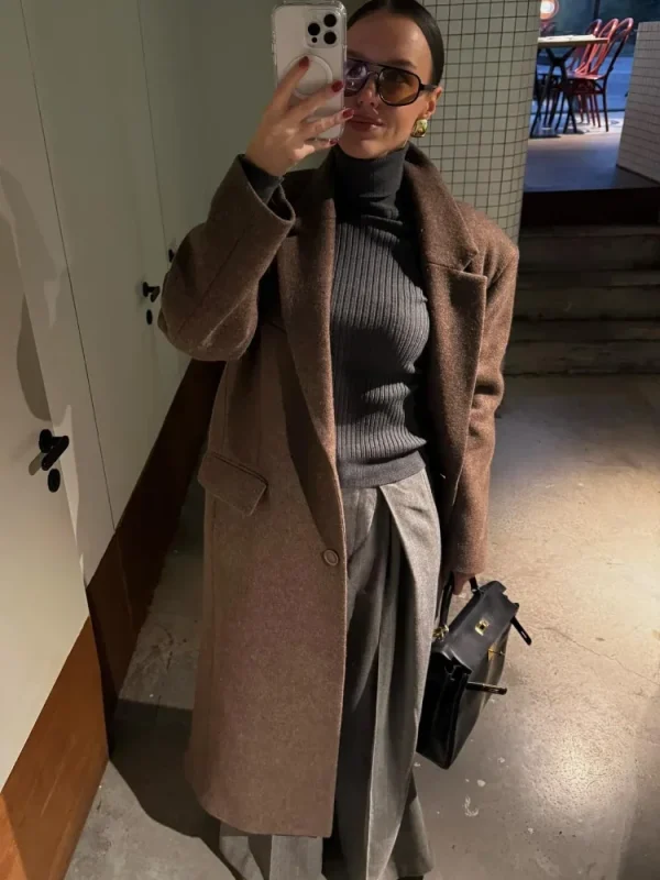 Cappotto casual in lana tinta unita con spalline Cappotto elegante da donna monopetto con risvolto a maniche lunghe 2025 Capispalla autunnale da donna per pendolari 3