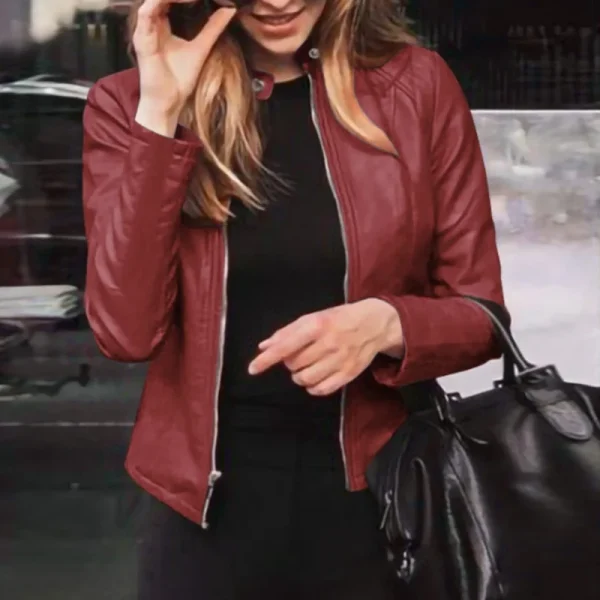 Giacca in ecopelle slim fit da donna Giacca classica da motociclista in pelle PU da motociclista Cappotto basic con cerniera primavera autunno 4