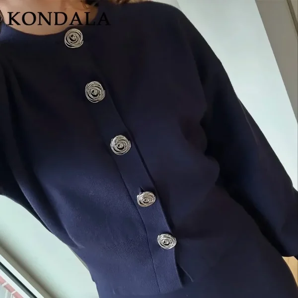 KONDALA 2025 Autunno Inverno Casual lavorato a maglia solido vestito da donna moda streetwear monopetto ONeck camicia chic gonna elastica in vita 6