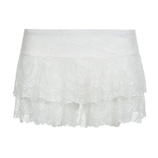 Gonna in tulle di pizzo Minigonna a trapezio Minigonna nera solida a vita bassa Pantaloncini di pizzo a strati Gonne Gonna micro Boho Fairycore bianca da donna 6