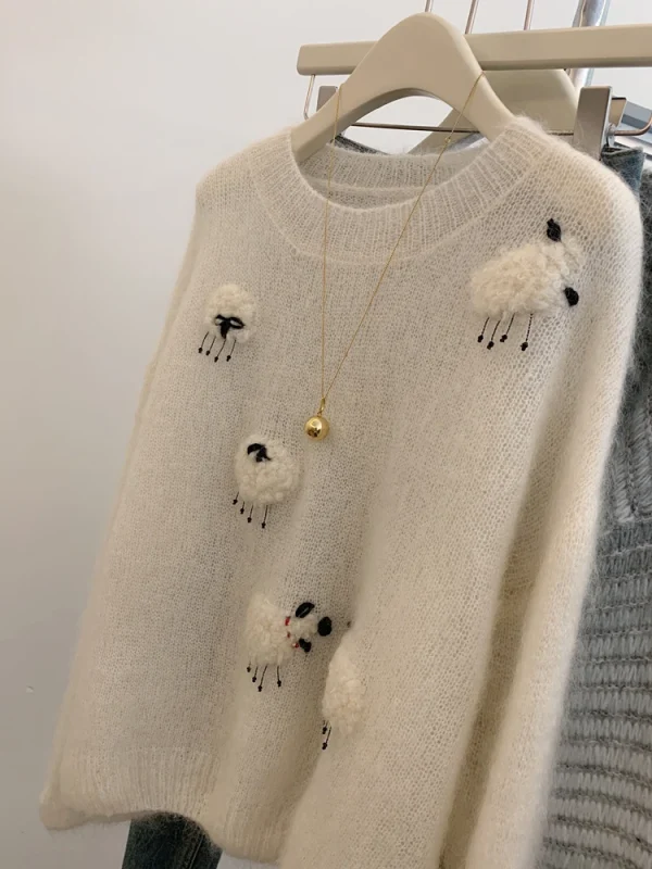 Maglione casual bianco per le donne 2025 Nuovo O-Collo a maniche lunghe Pullover in maglia calda Autunno Inverno Coreano Simpatici animali Top di lana 4