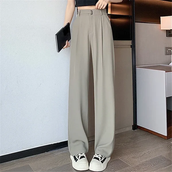 Seoulish Pantaloni Casual da Donna Estivi Pantaloni a Gamba Larga Elegante Office Lady 2024 Nuovo Colore Solido a Vita Alta Pantaloni Allentati Femminili 5