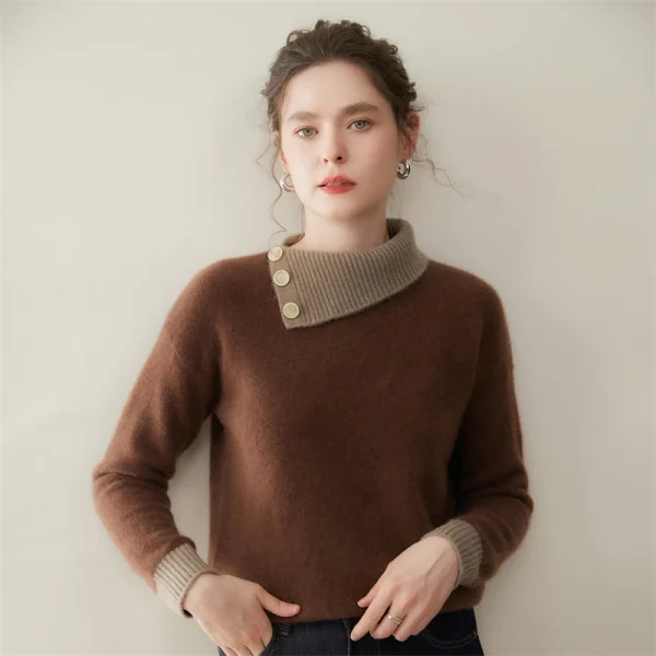 Maglione di cashmere 100% colletto rovesciato irregolare pullover con bottoni laterali donna blocco colore addensare maglieria allentata autunno inverno 3