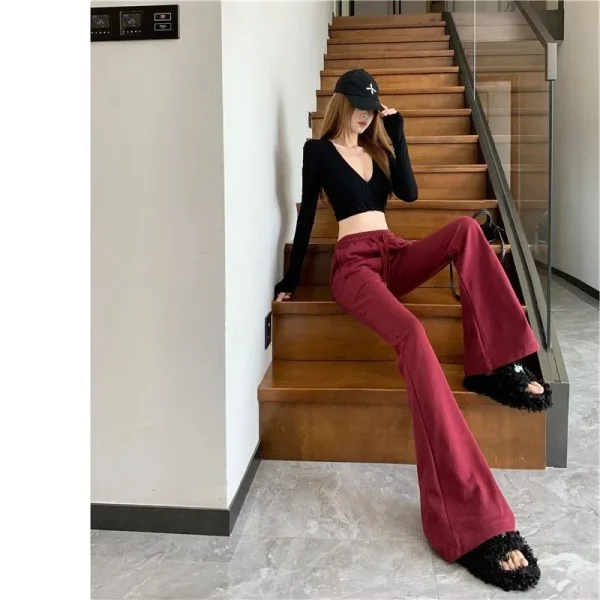 Vino rosso coulisse sport casual micro pantaloni svasati donna vita alta dimagrante nuova vendita calda della stagione primavera autunno trendy L 5