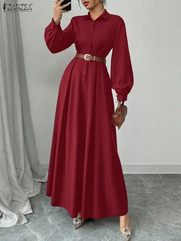 2025 ZANZEA Autunno Elegante Manica Lunga Lanterna Abiti Ufficio Abito da Donna Elegante Vita Maxi Robe Solido Pieghettato Vestito Estivo da Lavoro 4