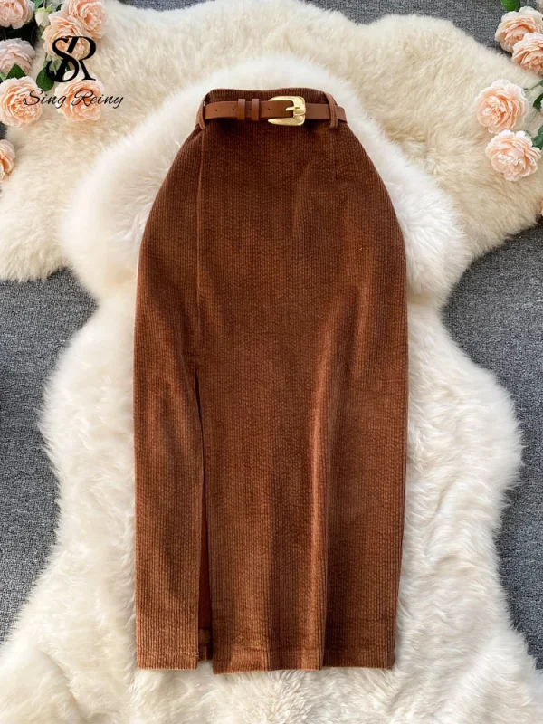 SINGREINY Donne Coreano Split Gonna Lunga Sexy 2024 Velluto A Coste di Inverno Sottile di Spessore Streetwear Moda Vintage Autunno Gonna Aderente 3