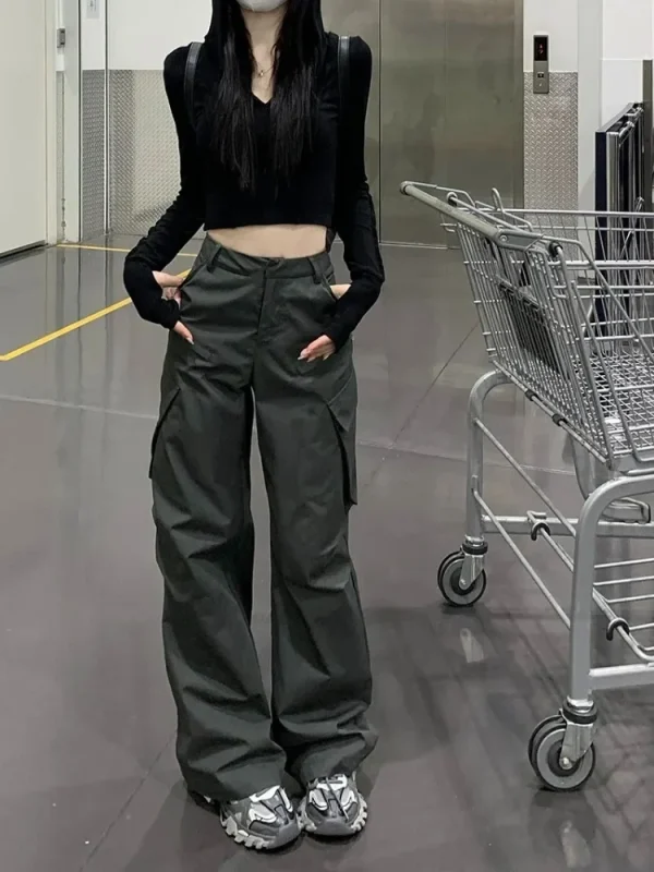 HOUZHOU Pantaloni Cargo da Donna Grigio Vintage Y2k Baggy Stile Coreano Pantaloni a Vita Alta Techwear Estetica Femminile Streetwear Hippie 3