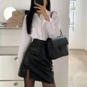 Gonne in pelle nera con spacco laterale sexy Gonna a tubino da donna da ufficio slim fit moda coreana femminile Gonna aderente in PU alla moda di High Street 1