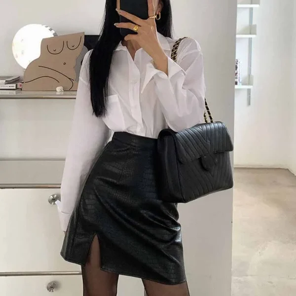 Gonne in pelle nera con spacco laterale sexy Gonna a tubino da donna da ufficio slim fit moda coreana femminile Gonna aderente in PU alla moda di High Street 1