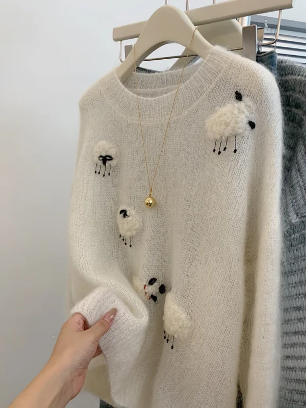 Maglione casual bianco per le donne 2025 Nuovo O-Collo a maniche lunghe Pullover in maglia calda Autunno Inverno Coreano Simpatici animali Top di lana 2