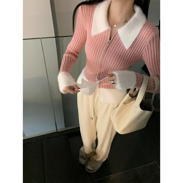 Maglione lavorato a maglia con cerniera corta rosa Camicia base per abbigliamento interno da donna Top invernale lavorato a maglia delicato Slim Fit Manica lunga Casual Elegante 2