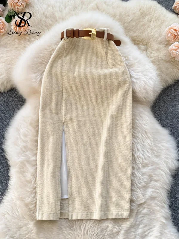 SINGREINY Donne Coreano Split Gonna Lunga Sexy 2024 Velluto A Coste di Inverno Sottile di Spessore Streetwear Moda Vintage Autunno Gonna Aderente 2