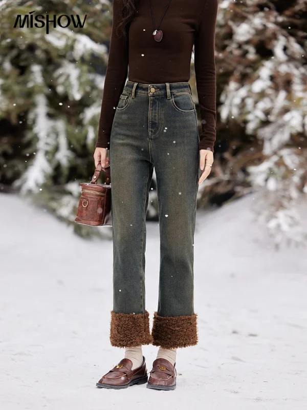 MISHOW Jeans in velluto Bootcut dritto Vita alta Slim Fit Colore Clash Pantaloni Denim spesso Jeans caldi Donna Office Lady MXD58K0828 2