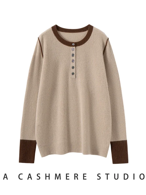 ADDONEE Maglione di Cachemire 100% da Donna O-Collo Bottoni Colletto Semplice Pullover Autunno Inverno Morbido E Confortevole Abiti di Base Maglieria 4