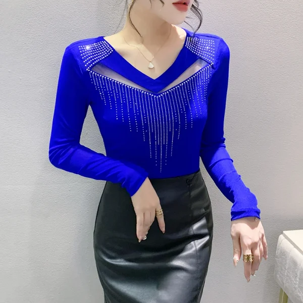Nuovo 2025 Primavera Autunno a maniche lunghe V-Nek T-shirt da donna Moda Sexy Scava Fuori Hot Drilling Mesh Top Blusas 3