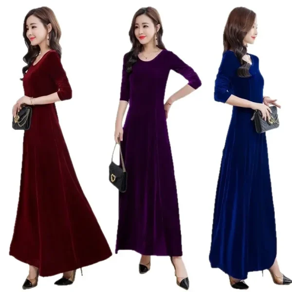 Abito elegante in velluto a maniche lunghe con scollo tondo Abito lungo stile Cheongsam da donna Autunno Inverno Nuovo arrivo gonna base taglie forti 5