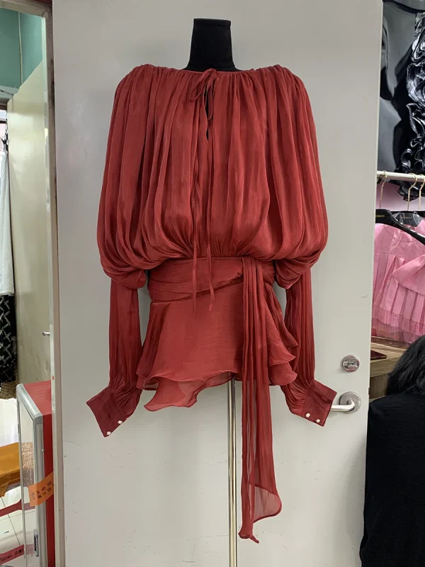VGH Chic Impiombato Lace Up Abiti corti sexy allentati per le donne Girocollo Manica lunga Minimalista Ruffles Pieghe Abito Moda femminile 5