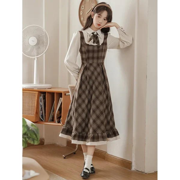 Abito scozzese stile francese Donna Primavera Autunno Falso in due pezzi con fiocco Abiti lunghi Abiti eleganti da festa vintage 3