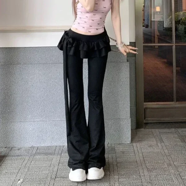 Deeptown Y2k Bow Ruffles Pantaloni a zampa d'elefante Donna Sexy Vita bassa Slim Casual Gonne Pantaloni Autunno Inverno Street Coquette Pantalones 5