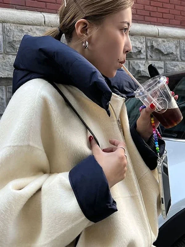 Giacca di lana con cappuccio Cappotto Tasca grande Bottone in metallo Pendolarismo Cappotto corto da donna Capispalla in colore a contrasto Camicetta casual ampia 1