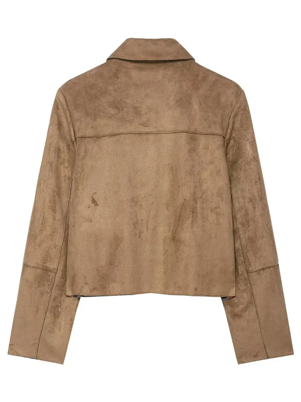 HH Giacca autunnale da donna Cappotto vintage in pelle scamosciata solida Manica lunga Colletto rovesciato Giacche corte Capispalla da strada alla moda 5