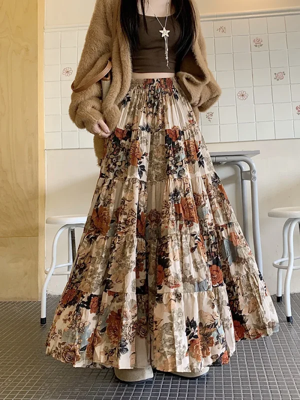 Gonna a pieghe floreale di alta qualità Donna Retro A Line Gonne lunghe Donna 2025 Autunno Inverno Vacanza Festa Big Swing Maxi Faldas 4