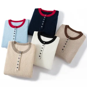 ADDONEE Maglione di Cachemire 100% da Donna O-Collo Bottoni Colletto Semplice Pullover Autunno Inverno Morbido E Confortevole Abiti di Base Maglieria 1