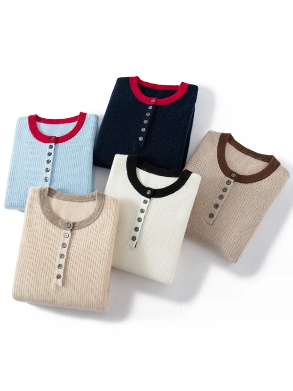 ADDONEE Maglione di Cachemire 100% da Donna O-Collo Bottoni Colletto Semplice Pullover Autunno Inverno Morbido E Confortevole Abiti di Base Maglieria 1