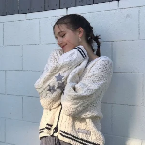 Maglioni larghi con stella ricamata vintage per donna Cardigan lavorato a maglia oversize monopetto a maniche lunghe Taylor Top a maniche lunghe 1
