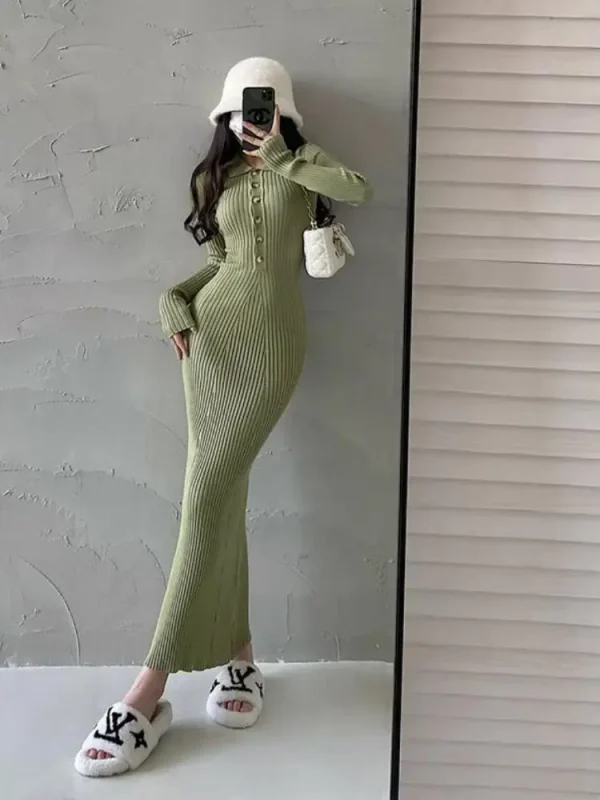 Eleganti abiti da festa per le donne 2023 abito autunno inverno elastico a maniche lunghe Slim Vintage Basic Knit Dress Y2k 6