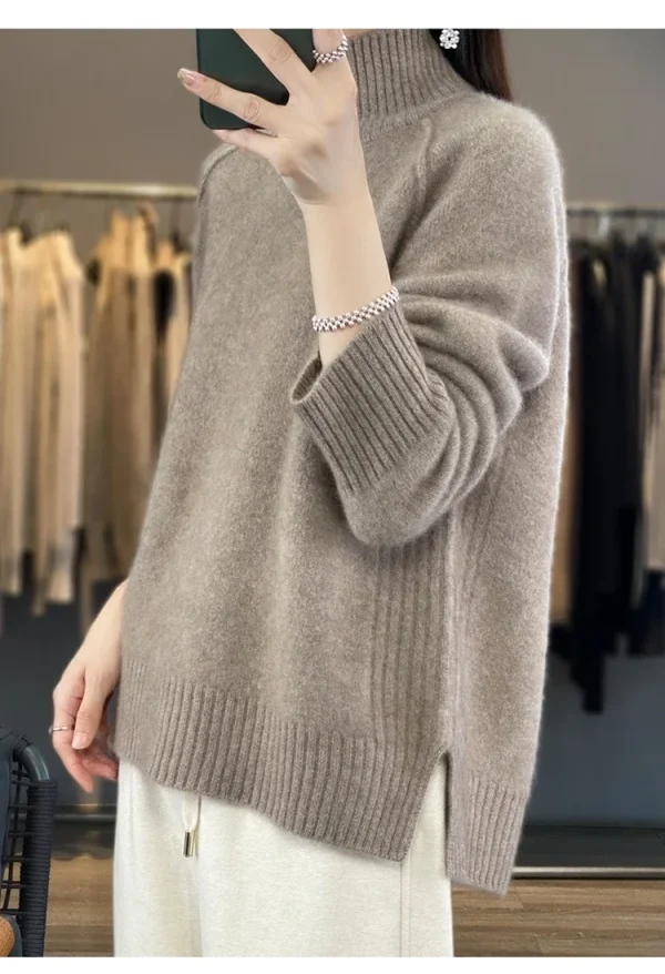 Maglione di cashmere a collo alto da donna Maglione raglan pigro ispessito in morbida lana al 100% con spacco per l'autunno inverno Comodo ceroso W 1