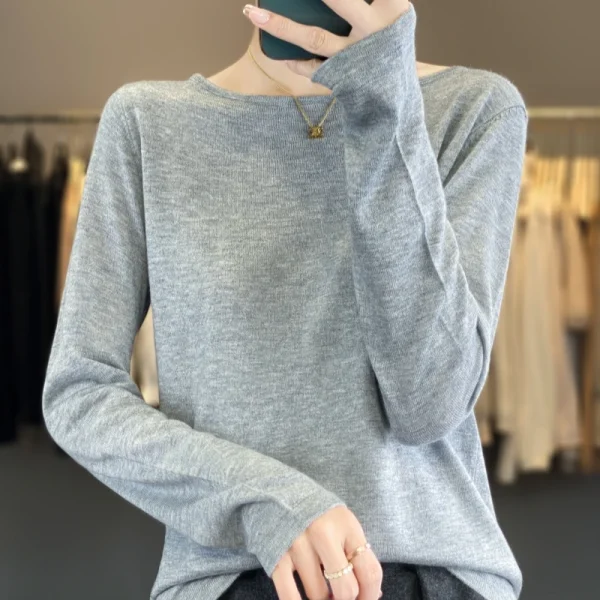 2025 NUOVO pullover in misto lana di seta da donna maglione di moda lavorato a maglia colletto con una parola maniche lunghe top larghi morbidi e setosi di alta qualità 4
