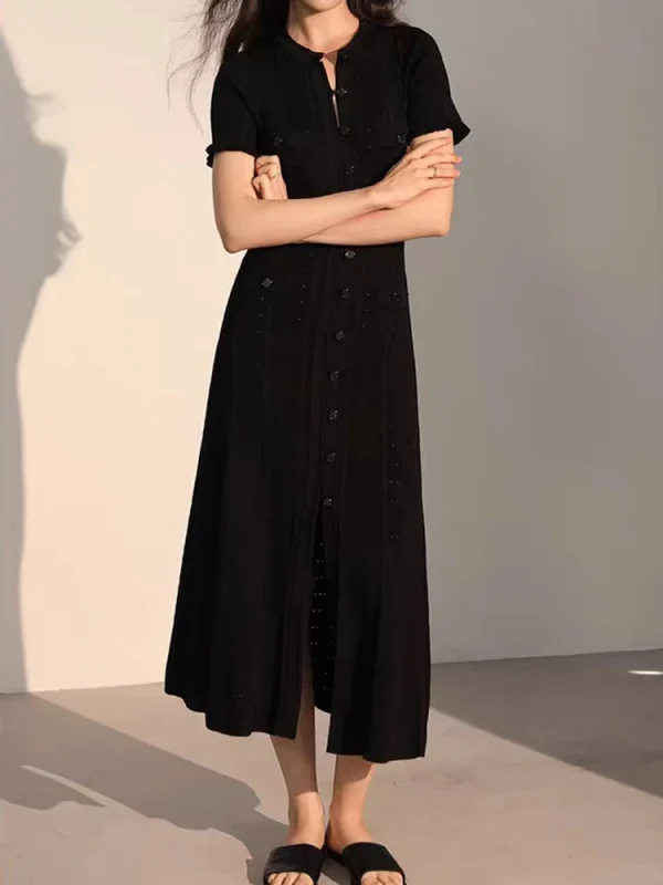 Inizio autunno nuove donne di moda O-Collo abito in maglia donna temperamento elegante manica arricciata monopetto sottile abito lungo da donna 1