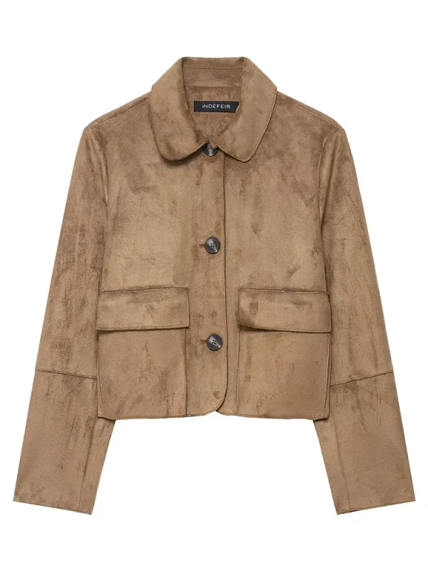 HH Giacca autunnale da donna Cappotto vintage in pelle scamosciata solida Manica lunga Colletto rovesciato Giacche corte Capispalla da strada alla moda 4