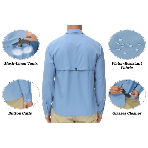 Camicie da pesca a maniche lunghe UPF 50+ da uomo Protezione solare Camicia da lavoro da escursionismo traspirante Camicia casual abbottonata con tasca con cerniera 4