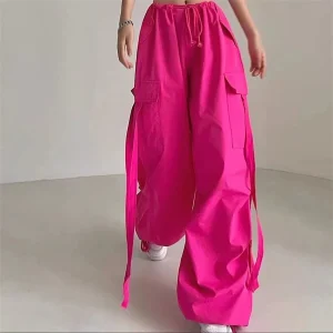 Pantaloni cargo rossi Pantaloni casual da donna Pantaloni hip-hop larghi a vita alta Pantaloni punk coreani Pantaloni con tasche capri divertenti Femme 1