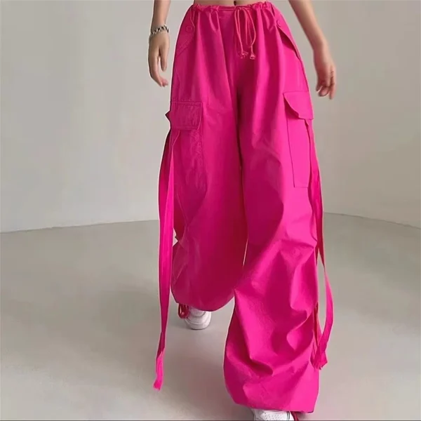 Pantaloni cargo rossi Pantaloni casual da donna Pantaloni hip-hop larghi a vita alta Pantaloni punk coreani Pantaloni con tasche capri divertenti Femme 1