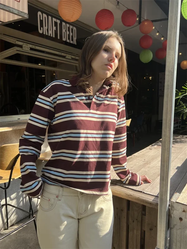 Polo estive Donna Manica lunga Crop Top Color Block Polo con stampa a righe verdi Mujer Top casual a righe Marrone Autunno 6