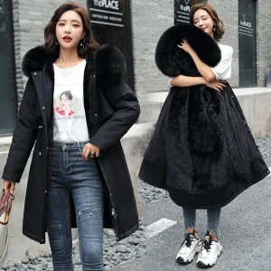 Parka invernale 2024 nuove donne giacca vestiti cappotto lungo fodera in lana giacca con cappuccio collo di pelliccia spesso caldo abbigliamento da neve moda Parka 1