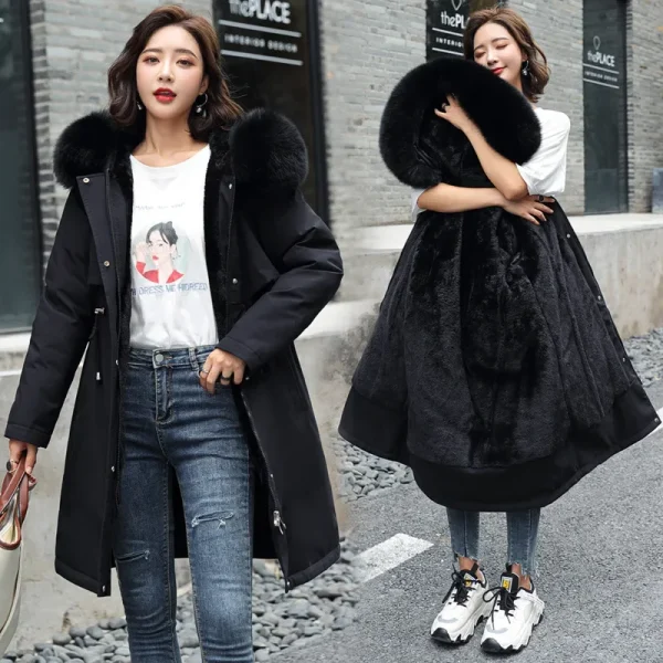 Parka invernale 2024 nuove donne giacca vestiti cappotto lungo fodera in lana giacca con cappuccio collo di pelliccia spesso caldo abbigliamento da neve moda Parka 1