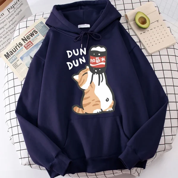 Gatto Bevande che bevono Stampa Felpe Abbigliamento Donna Casual Anni '90 Canguro Tasca Felpe con cappuccio Moda unisex Divertenti Pullover con cappuccio 3