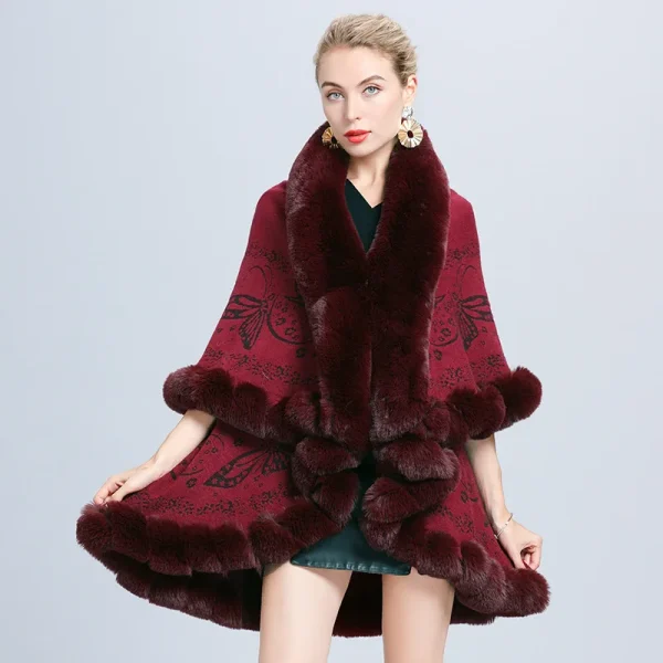 Cardigan invernale in pelliccia di volpe sintetica Poncho caldo Mantello allentato Scialle lavorato a maglia Cappotto oversize da donna Mantello spesso in tessuto jacquard a due strati 5
