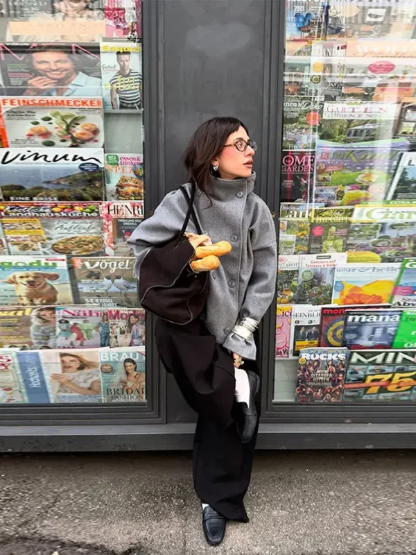 Cappotto tascabile a collo alto solido casual da donna capispalla a maniche lunghe doppiopetto allentato 2025 giacche da donna da ufficio autunno inverno 2025 3