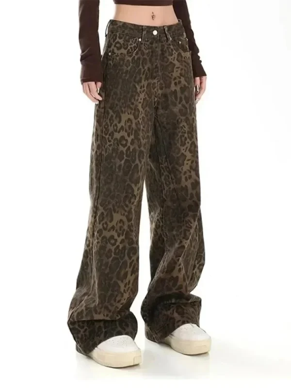 2025 Jeans vintage americani con stampa leopardata Donna Autunno Inverno Nuovo design Senso Piccola tuta a tubo dritto Pantaloni casual 2