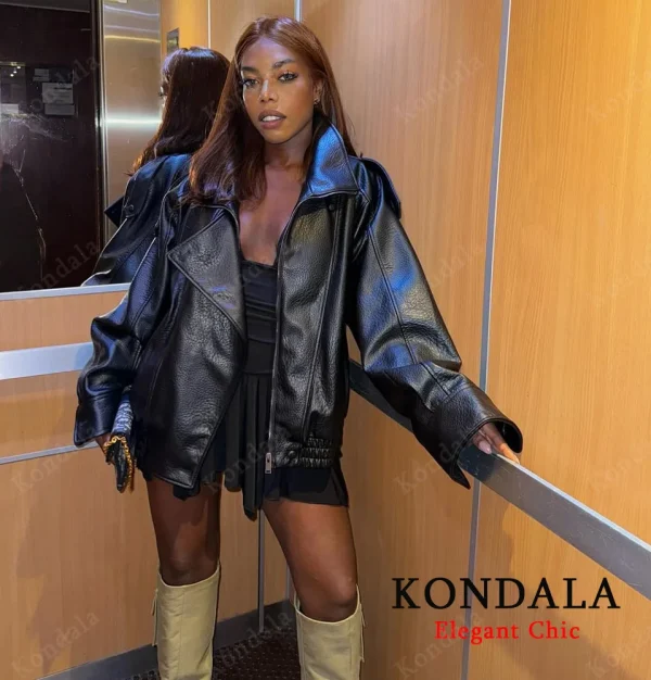 KONDALA Giacca in pelle con cerniera da donna Autunno Inverno Colletto in piedi Giacca in finto PU Cappotto 2025 Giacca Y2K da donna alla moda High Street 2