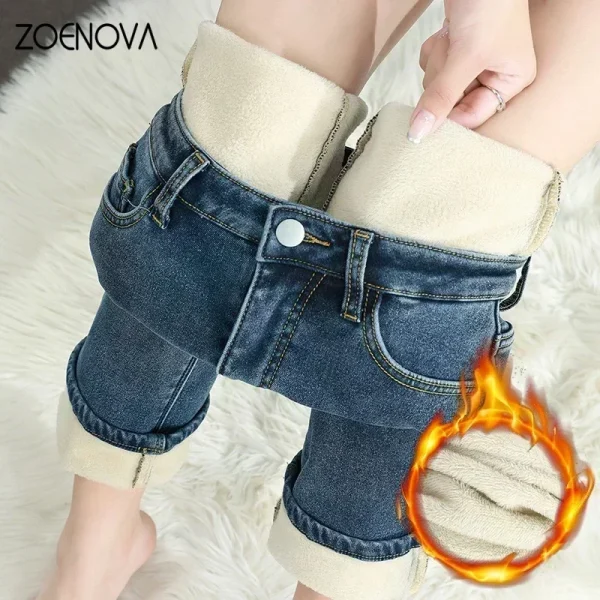 ZOENOVA Jeans caldi in pile invernale da donna Pantaloni in denim caldo ispessito in cotone elastico dritto sottile retrò Abbigliamento femminile di moda 2