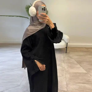 Inverno Velluto A Coste Fiocco Nodo Manica Abaya Donne Abito Musulmano Abbigliamento Modesto Donne Abaya Femmes Robe Musulmane Robes Abiti di Preghiera 1