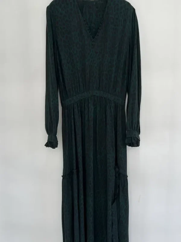 Abito lungo da donna in viscosa con stampa leopardata, elastico in vita, manica lunga, scollo a V, bottoni vintage 2