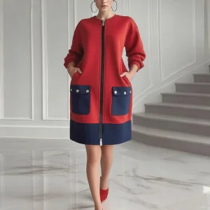 Modigirl Abiti a maniche lunghe in colore a contrasto per donna Inverno Primavera 2025 Nuovo elegante abito casual midi da donna con tasche rosse con cerniera 1